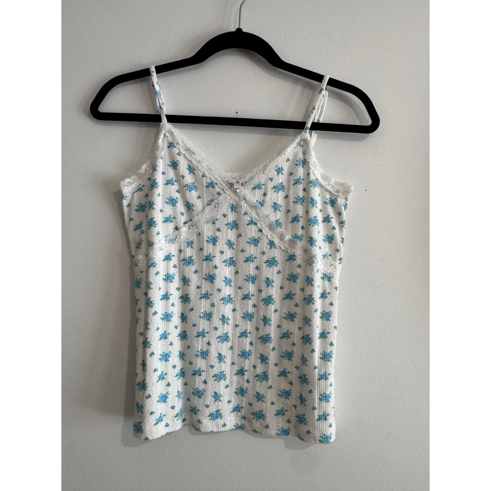 1.STATE Floral Pointelle Camisole Women S White Blue Lace Trim Top Coquette tank